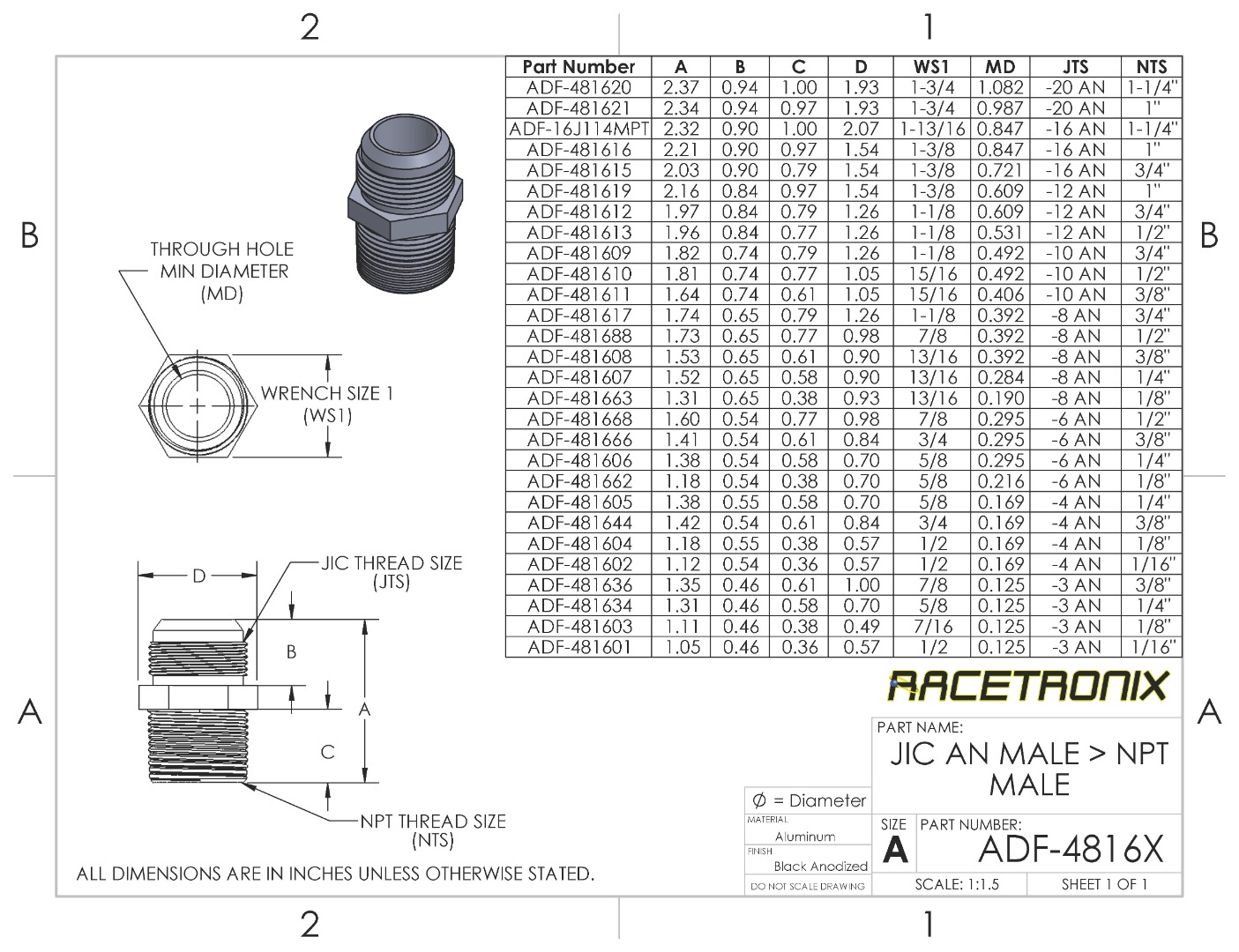 Adapter, -10 AN JIC Male to 1/2