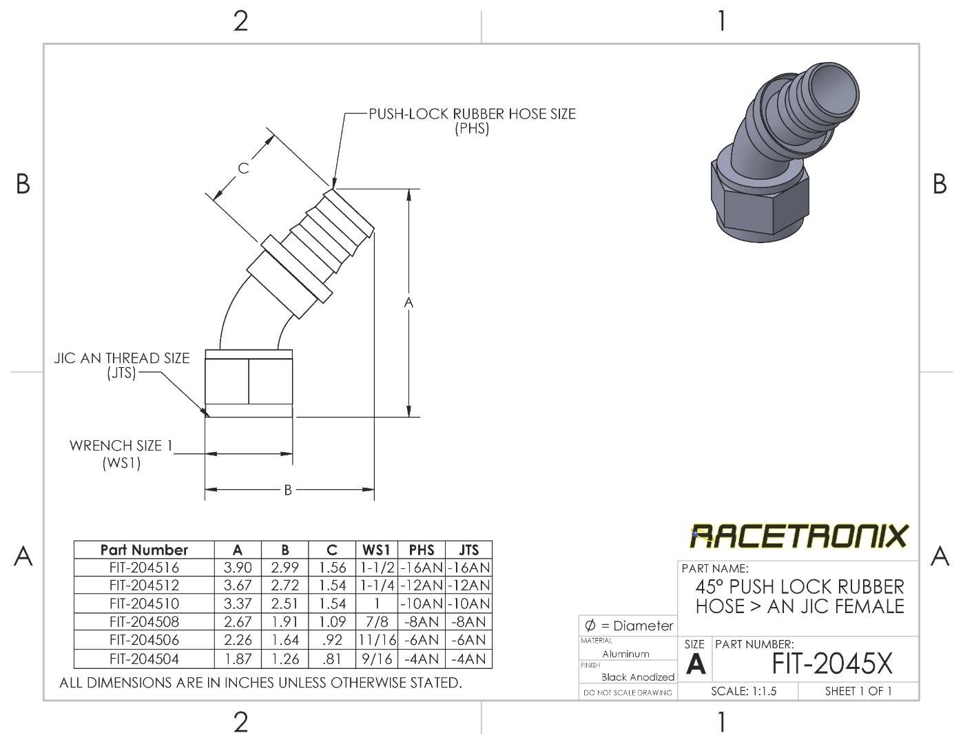 ちよんちやん Hose Fitting, Push-Lock 45° -10 AN JIC Female, Black (FIT-204510